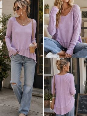 Free People We The Free Lilac Knit Ruffle Hem Thermal Top